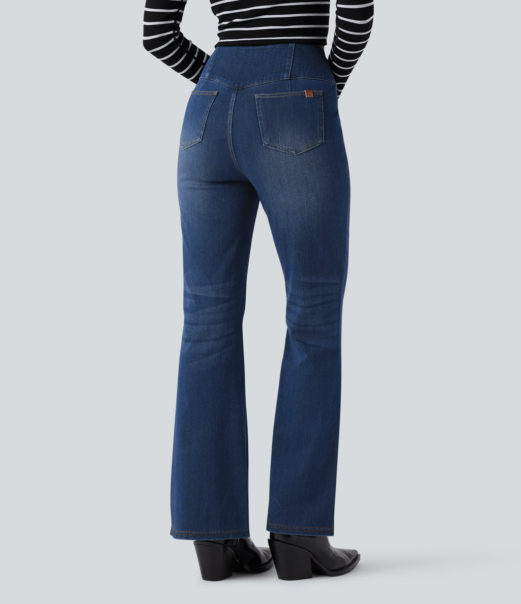 High Waisted Bootcut Casual Jeans with Pockets — Blue Surf Denim — view 2