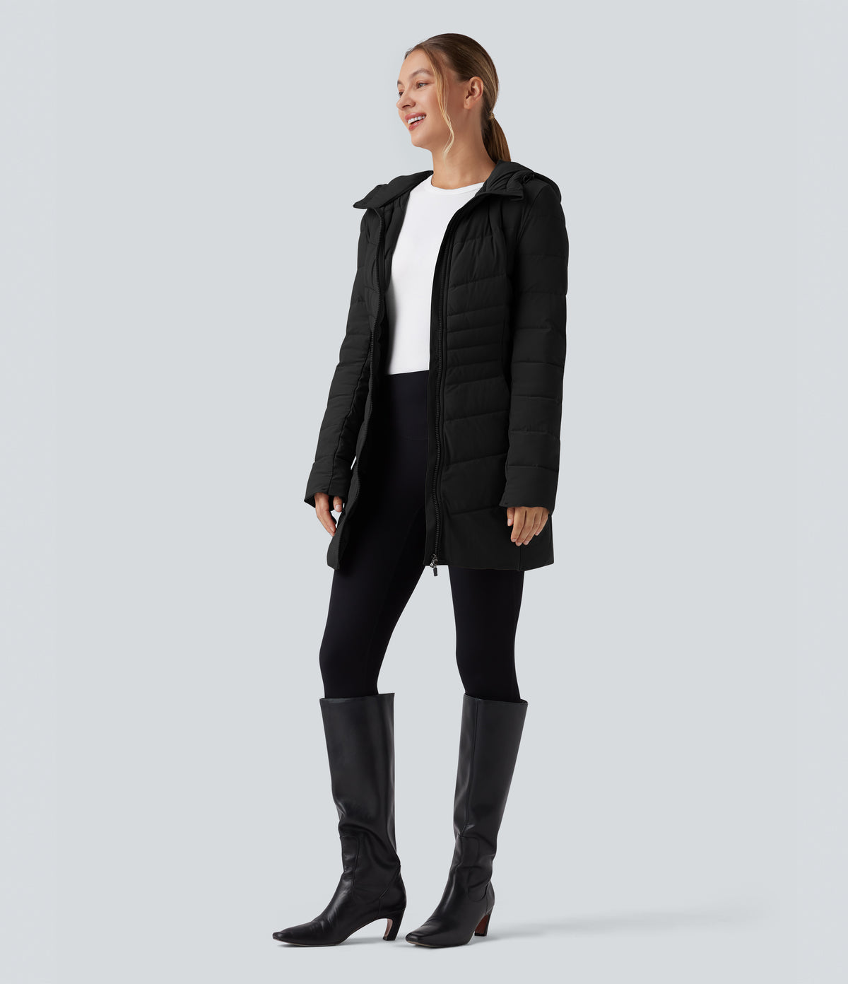 PuffFlex Hooded Longline Stretchy Casual Quilted Jacket with Pockets — Black — view 8