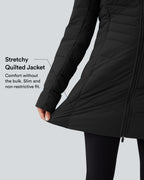PuffFlex Hooded Longline Stretchy Casual Quilted Jacket with Pockets — Black — view 3