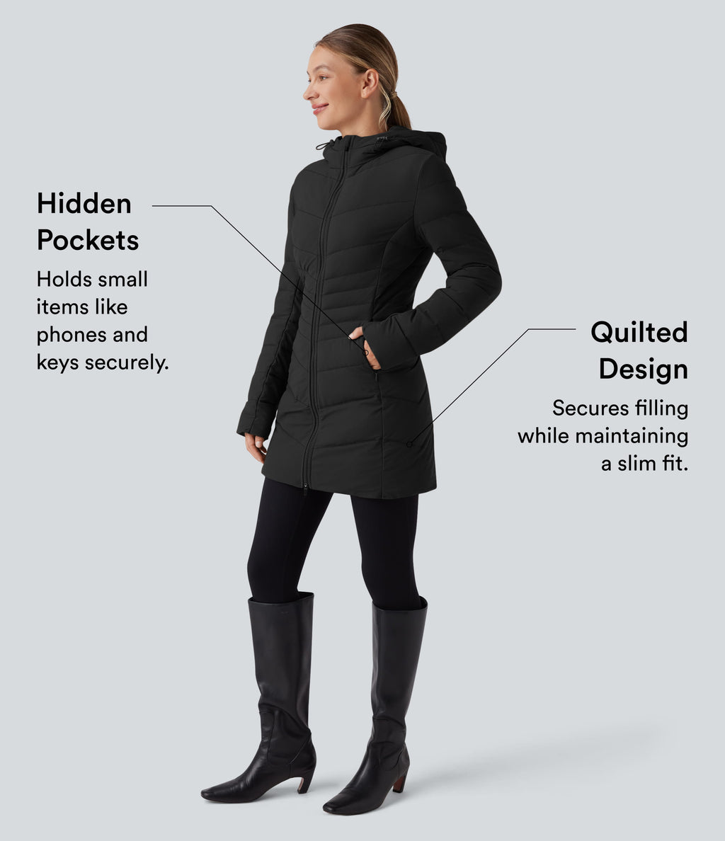 PuffFlex Hooded Longline Stretchy Casual Quilted Jacket with Pockets — Black — view 4