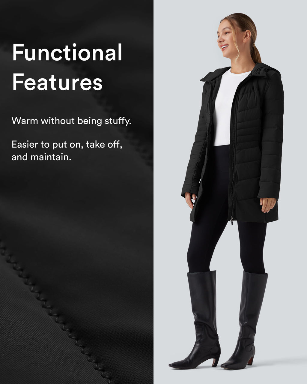 PuffFlex Hooded Longline Stretchy Casual Quilted Jacket with Pockets — Black — view 2