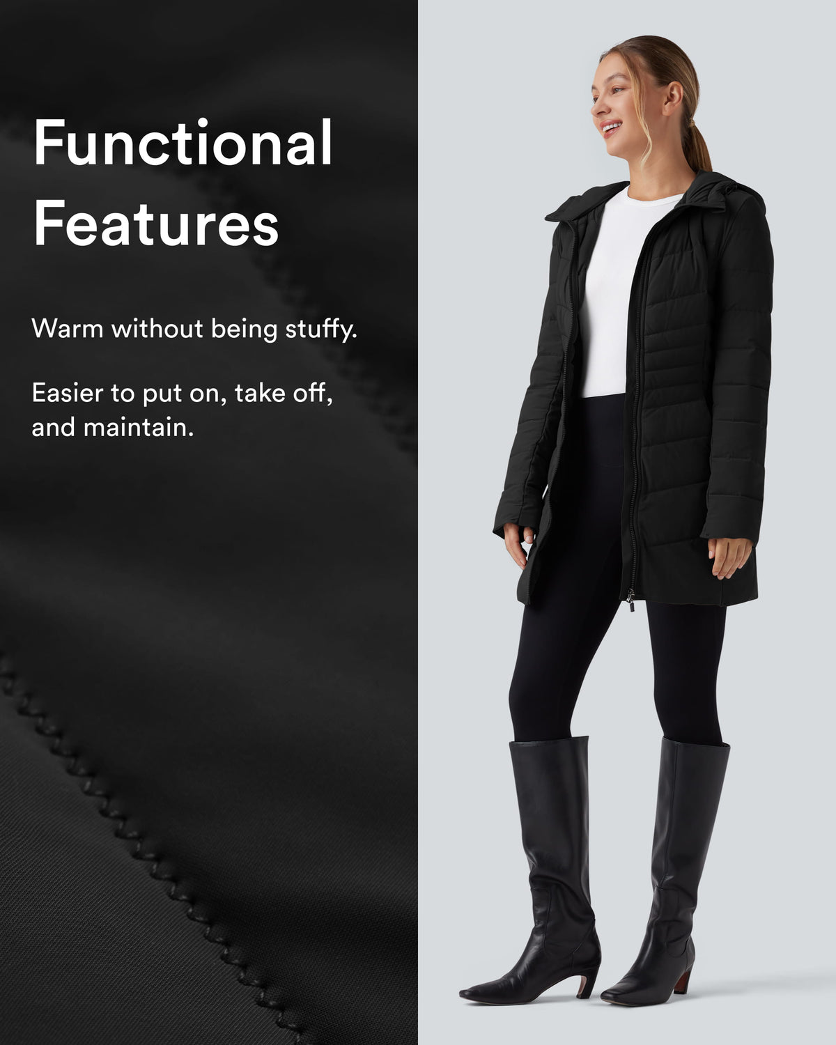 PuffFlex Hooded Longline Stretchy Casual Quilted Jacket with Pockets — Black — view 2