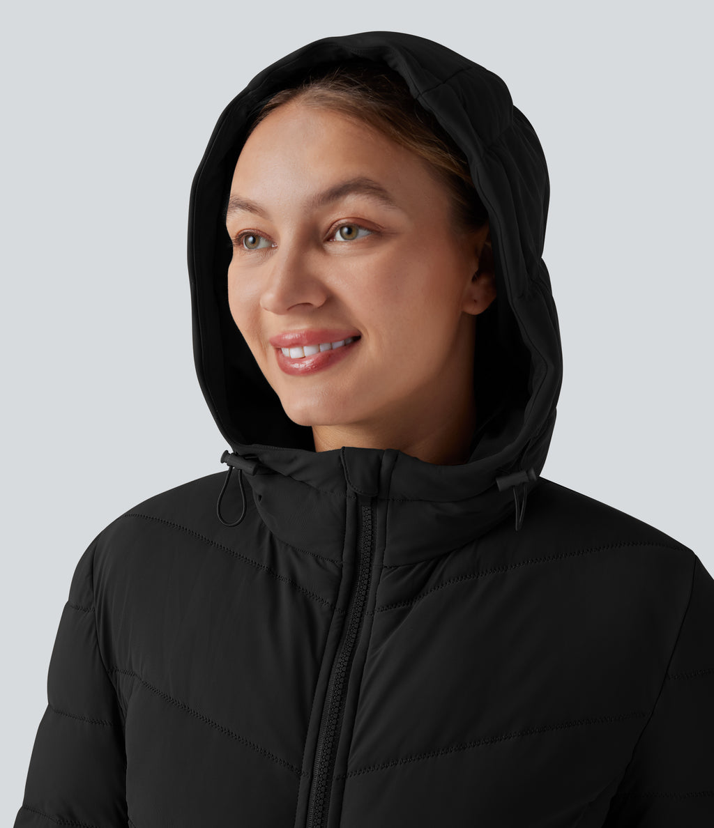 PuffFlex Hooded Longline Stretchy Casual Quilted Jacket with Pockets — Black — view 6