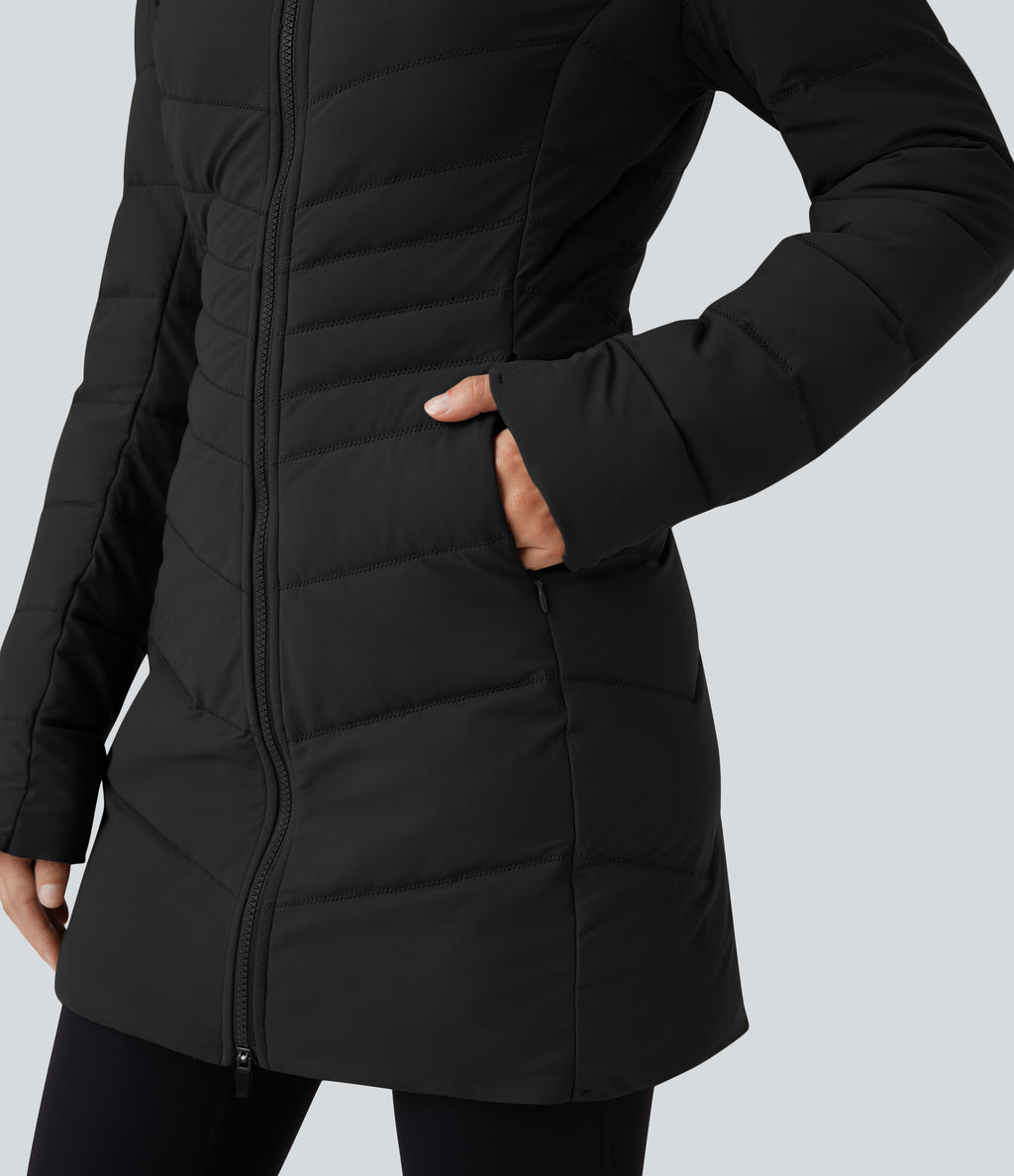 PuffFlex Hooded Longline Stretchy Casual Quilted Jacket with Pockets — Black — view 7