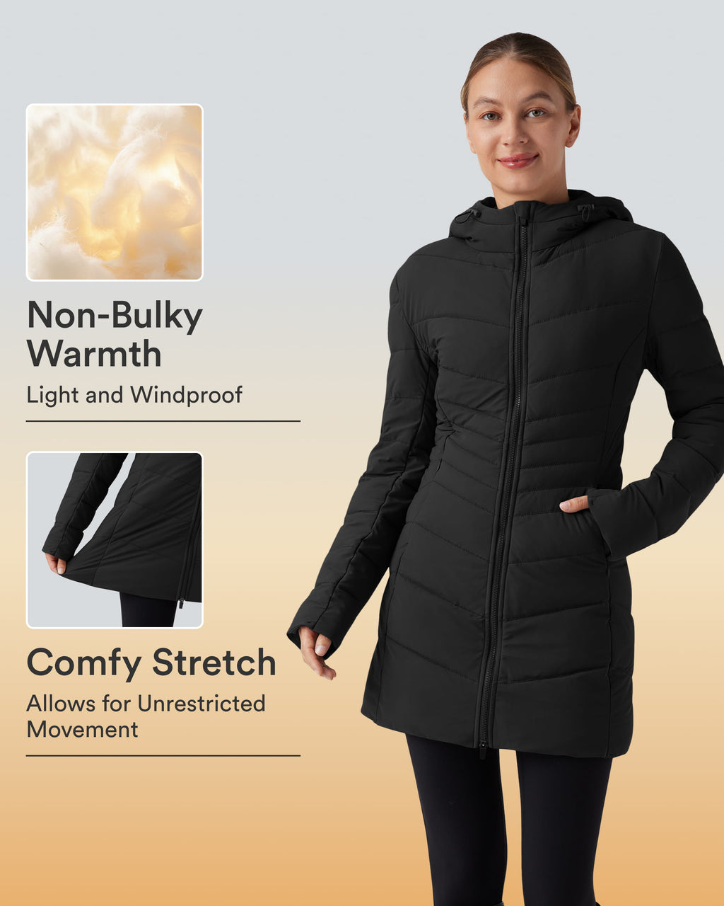 PuffFlex Hooded Longline Stretchy Casual Quilted Jacket with Pockets — Black — view 1