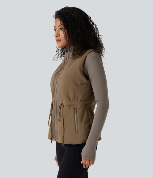 PuffFlex 3-in-1 High-Neck Long Sleeve Thumb Holes Fleece Jacket &Quilted Vest with Pockets — Walnut — view 4
