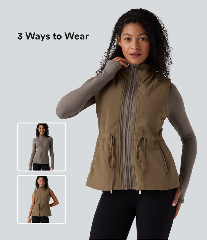 PuffFlex 3-in-1 High-Neck Long Sleeve Thumb Holes Fleece Jacket &Quilted Vest with Pockets — Walnut — view 1