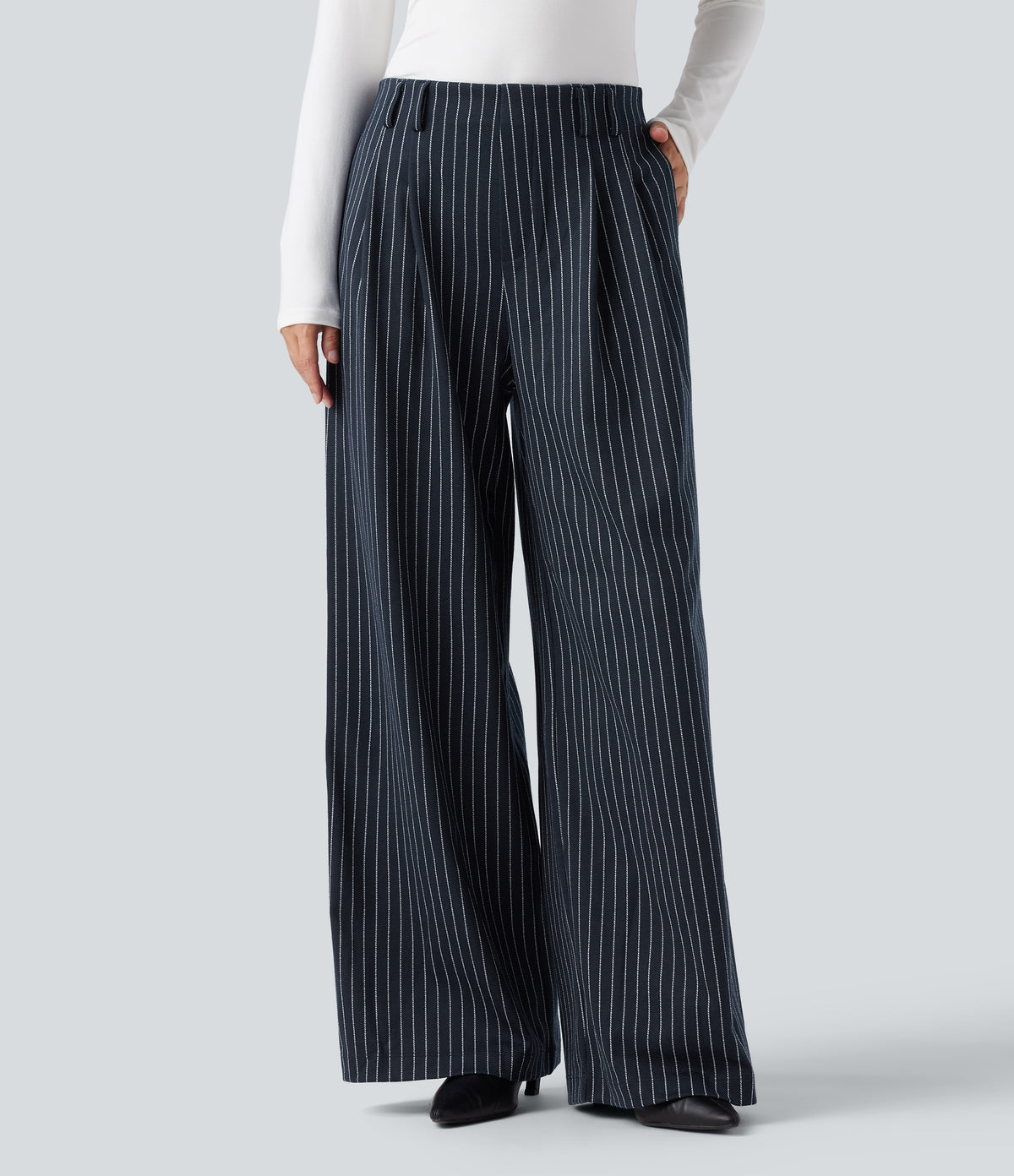High Waisted Stripes Work Baggy Trousers with Pockets — Deep Blue Stripe — view 9