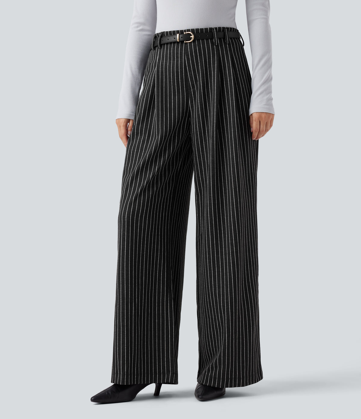High Waisted Stripes Work Baggy Trousers with Pockets — Dark Gray Stripe — view 7