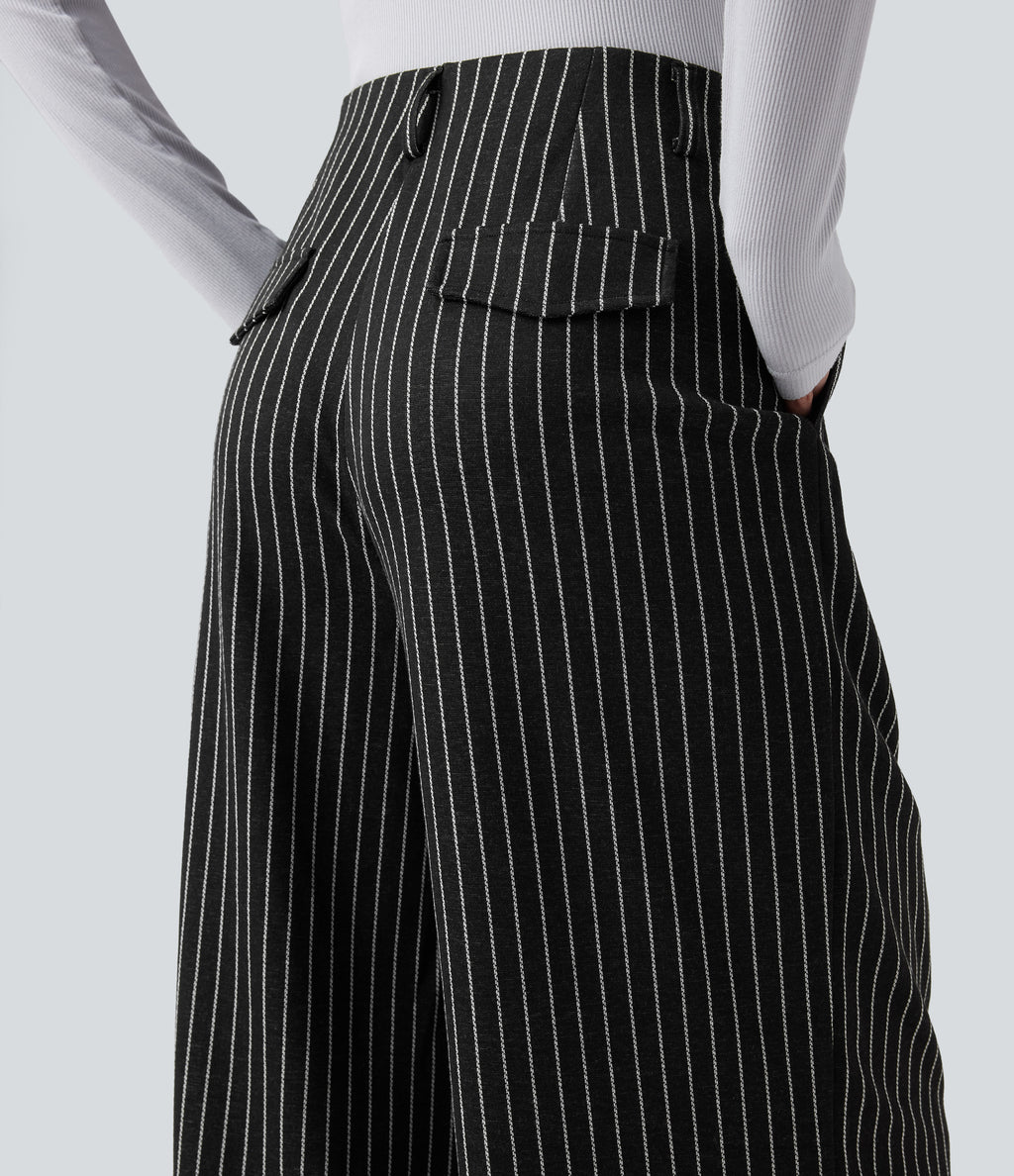 High Waisted Stripes Work Baggy Trousers with Pockets — Dark Gray Stripe — view 5