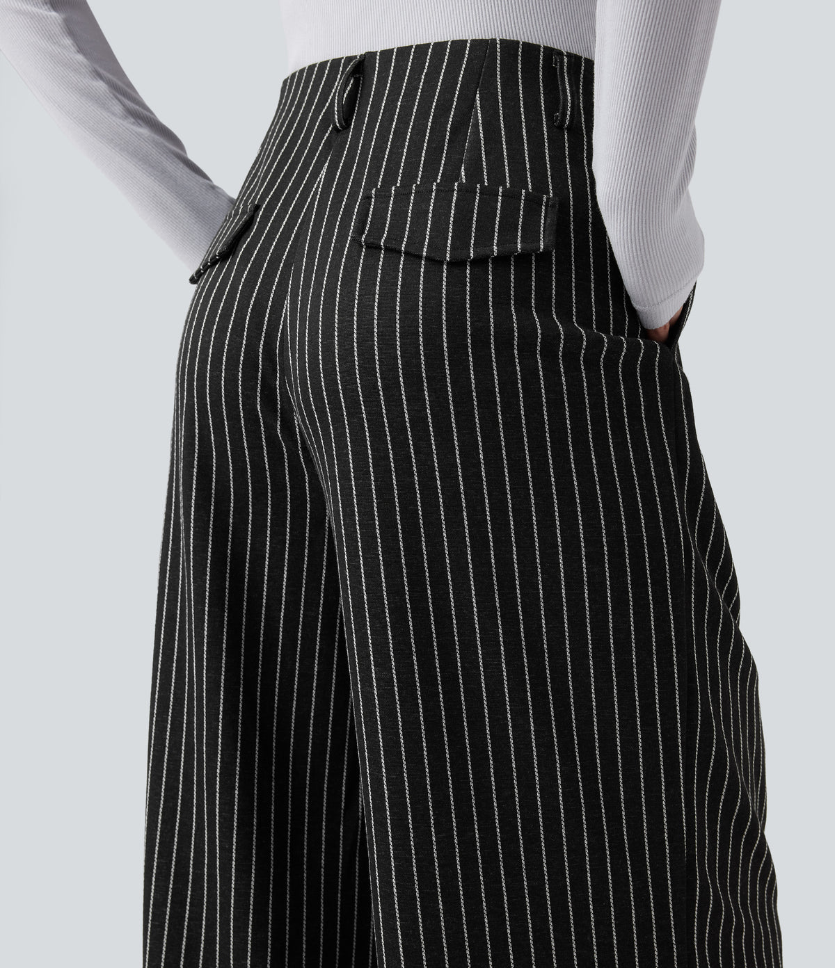 High Waisted Stripes Work Baggy Trousers with Pockets — Dark Gray Stripe — view 5