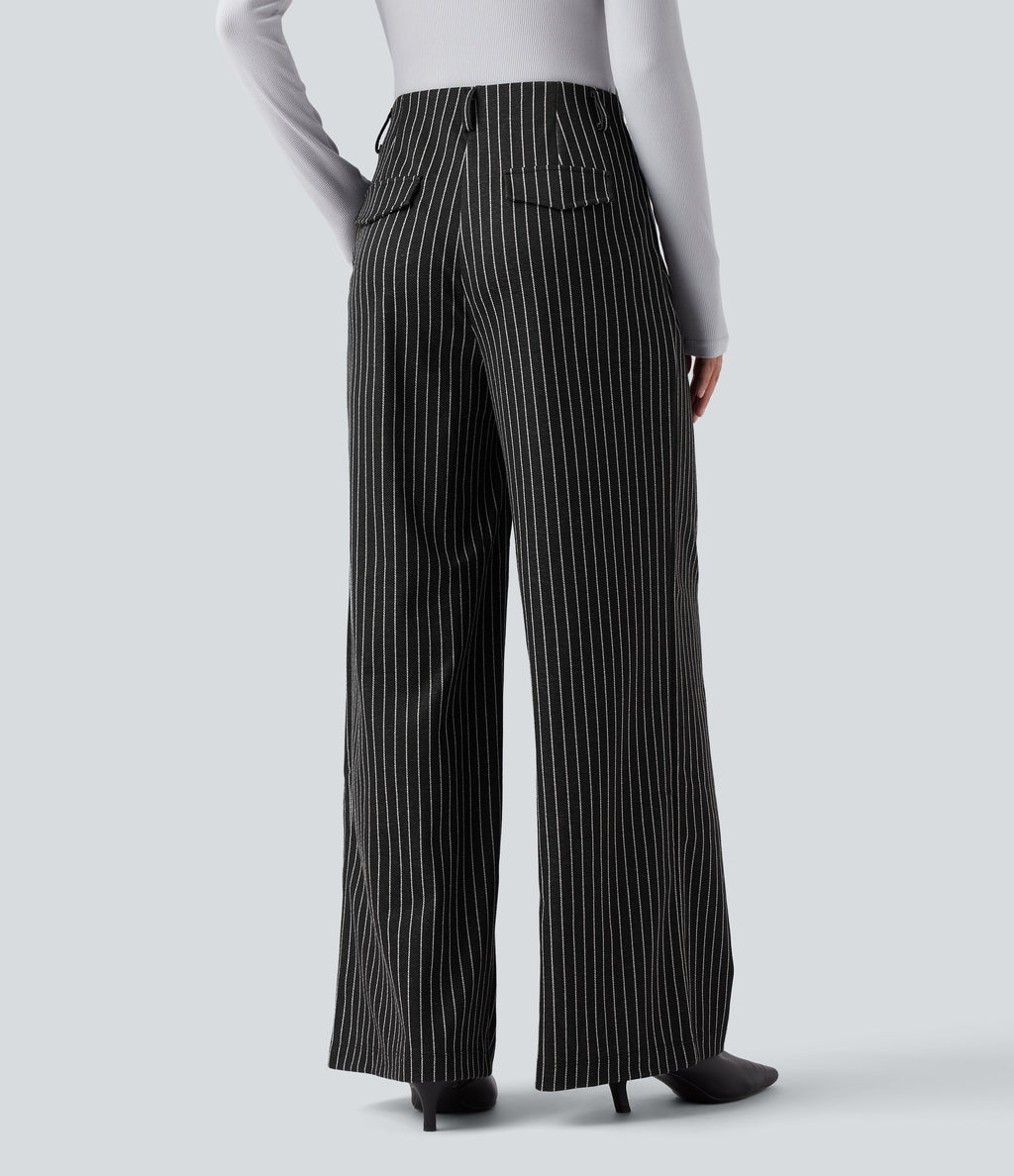 High Waisted Stripes Work Baggy Trousers with Pockets — Dark Gray Stripe — view 2