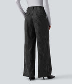 High Waisted Stripes Work Baggy Trousers with Pockets — Dark Gray Stripe — view 2