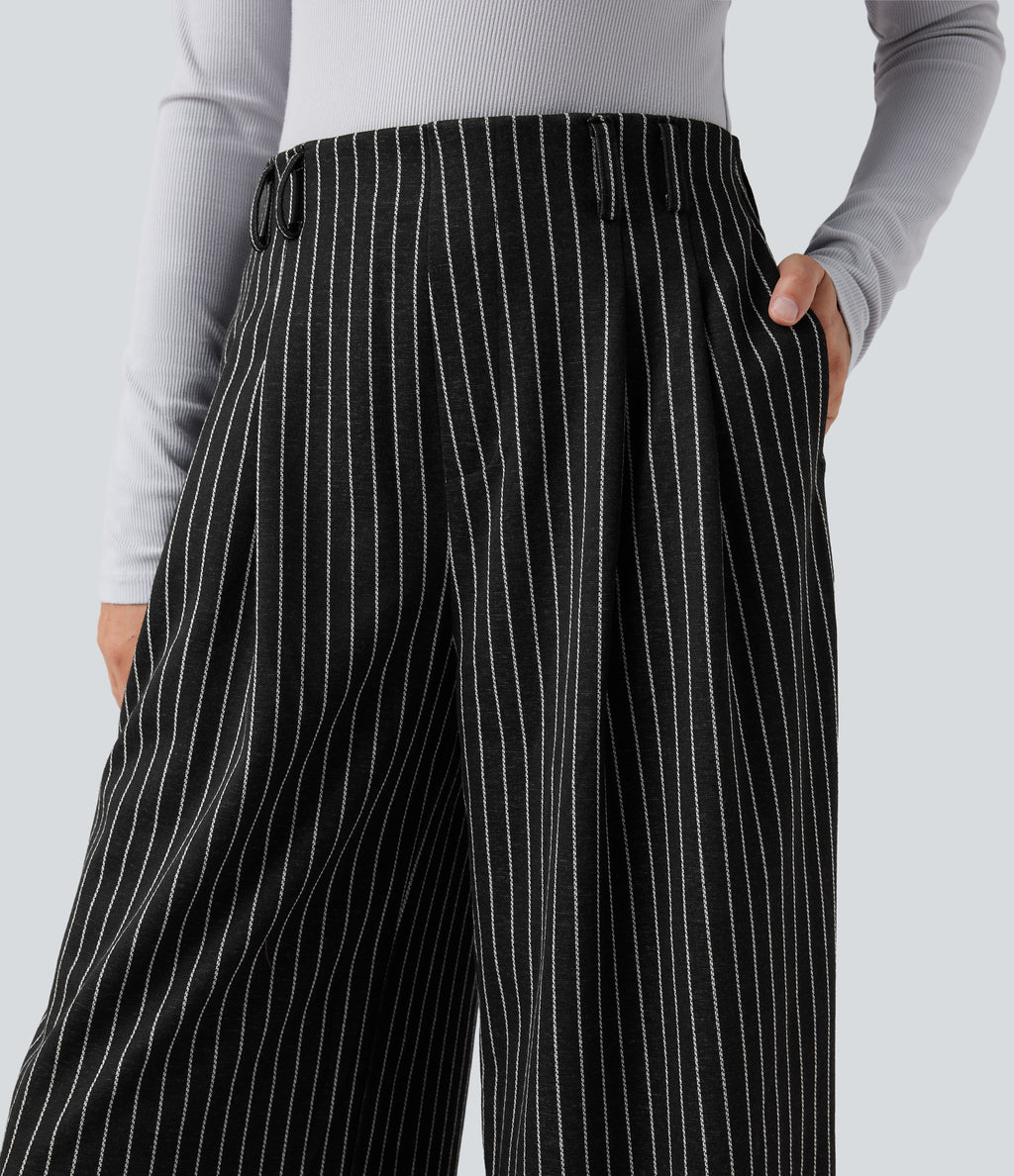 High Waisted Stripes Work Baggy Trousers with Pockets — Dark Gray Stripe — view 4