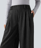 High Waisted Stripes Work Baggy Trousers with Pockets — Dark Gray Stripe — view 4