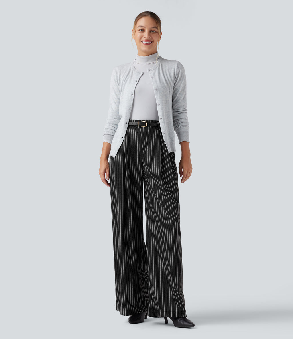 High Waisted Stripes Work Baggy Trousers with Pockets — Dark Gray Stripe — view 8