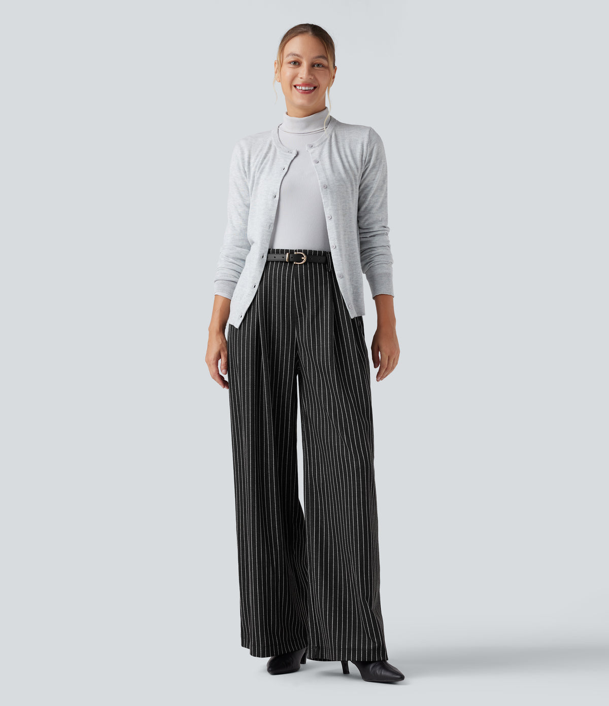 High Waisted Stripes Work Baggy Trousers with Pockets — Dark Gray Stripe — view 8