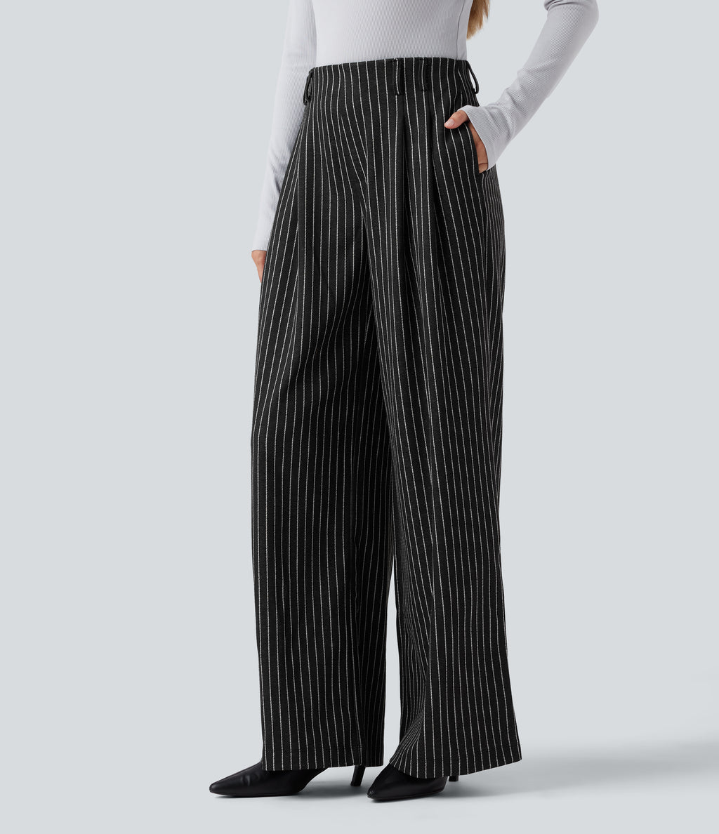 High Waisted Stripes Work Baggy Trousers with Pockets — Dark Gray Stripe — view 3