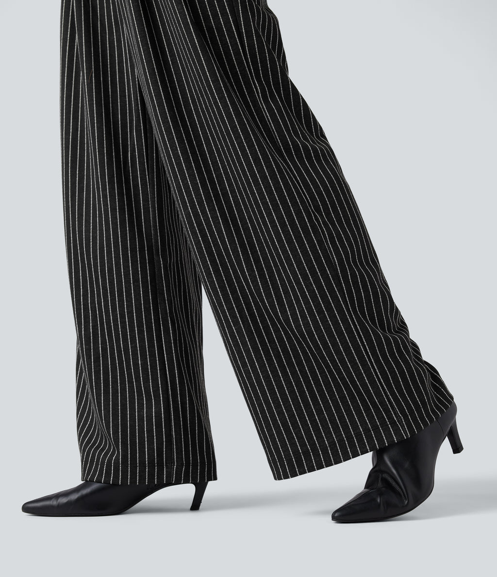 High Waisted Stripes Work Baggy Trousers with Pockets — Dark Gray Stripe — view 6
