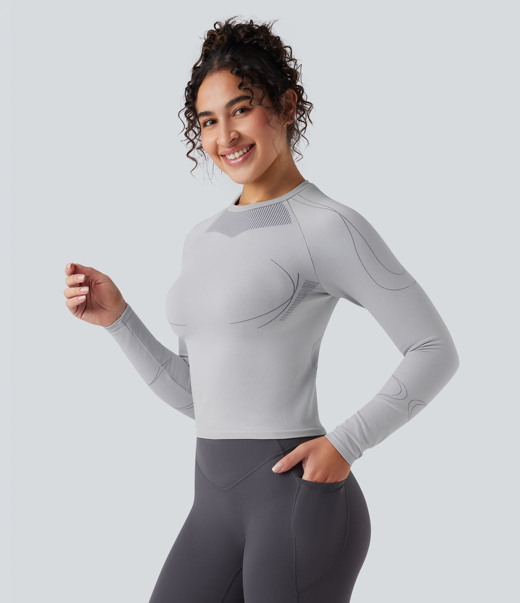 Seamless Flow Round Neck Long Sleeve Workout Sports Top — Antarctica — view 1