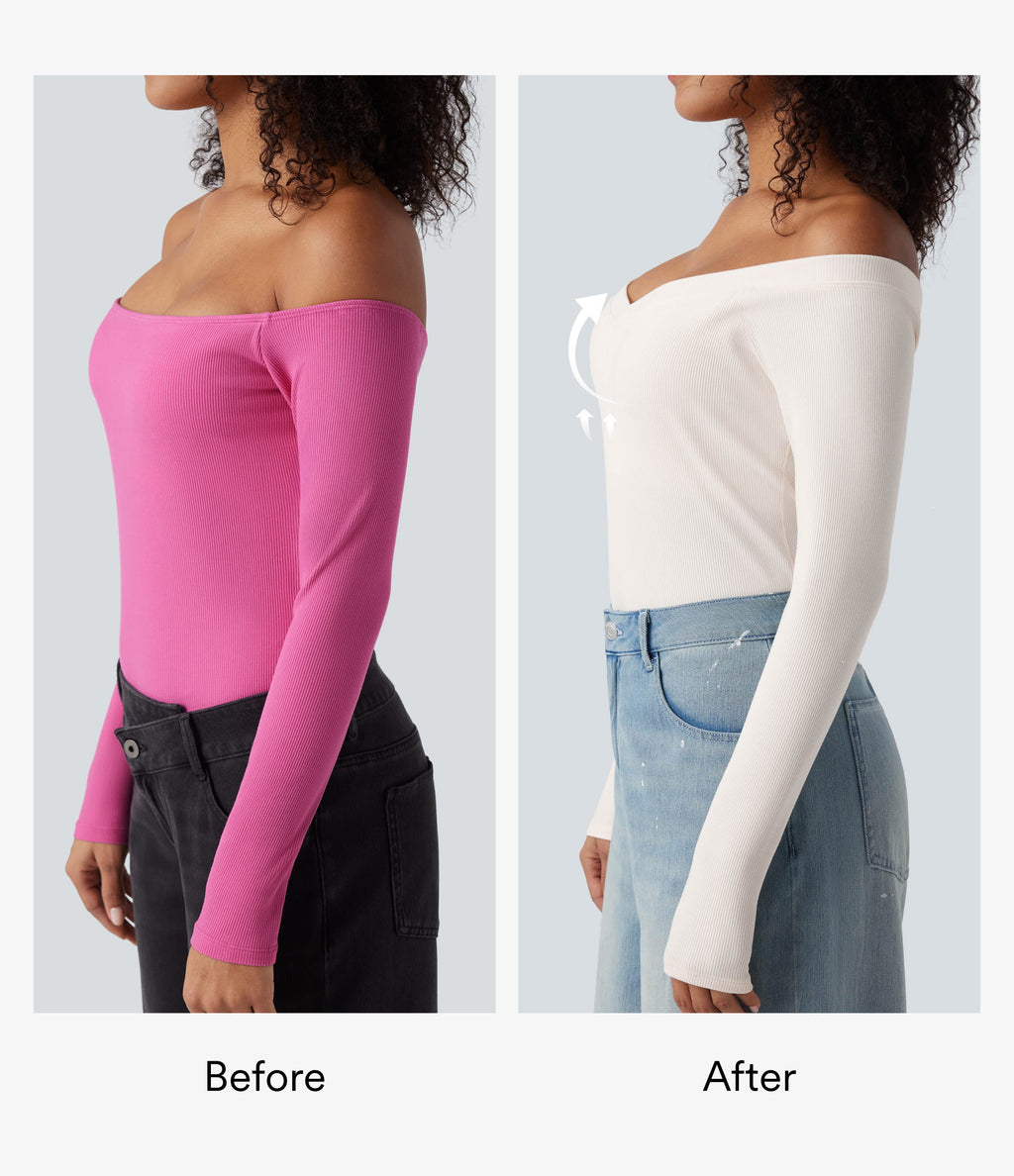 Ribbed Knit Off Shoulder Push-Up Long Sleeve Casual Top A/B Cup — Jet Stream — view 2