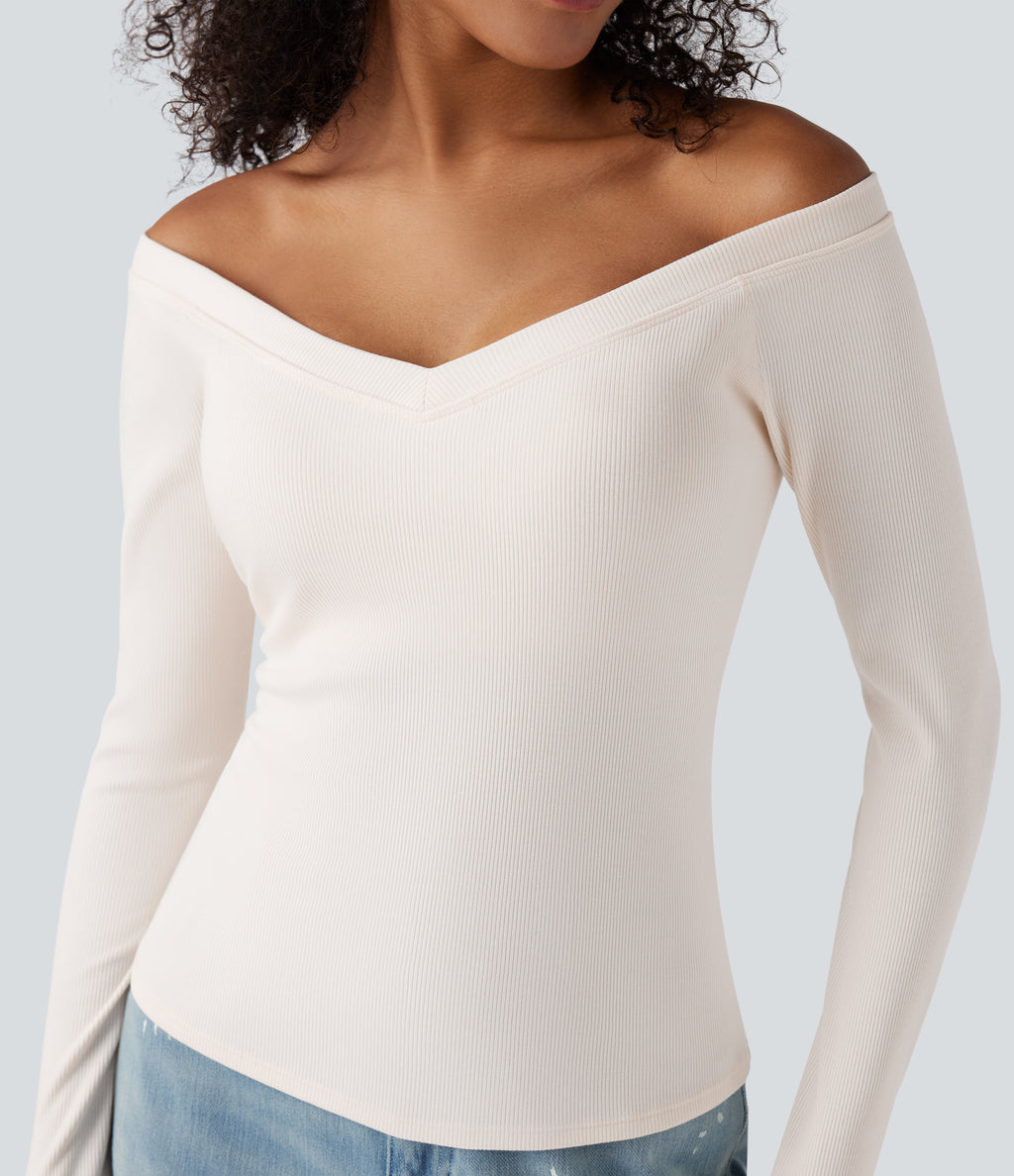 Ribbed Knit Off Shoulder Push-Up Long Sleeve Casual Top A/B Cup — Jet Stream — view 6