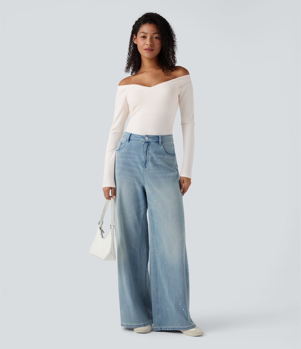Ribbed Knit Off Shoulder Push-Up Long Sleeve Casual Top A/B Cup — Jet Stream — view 8