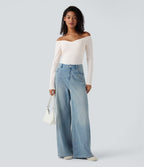 Ribbed Knit Off Shoulder Push-Up Long Sleeve Casual Top A/B Cup — Jet Stream — view 8