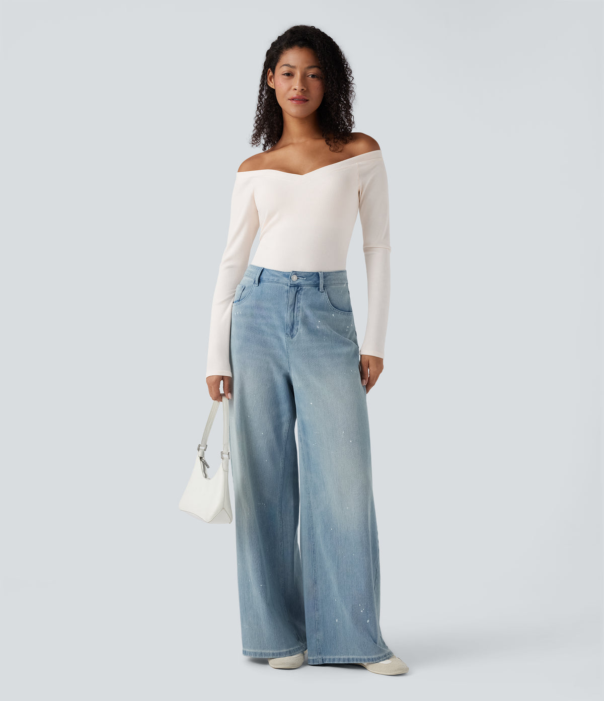 Ribbed Knit Off Shoulder Push-Up Long Sleeve Casual Top A/B Cup — Jet Stream — view 8
