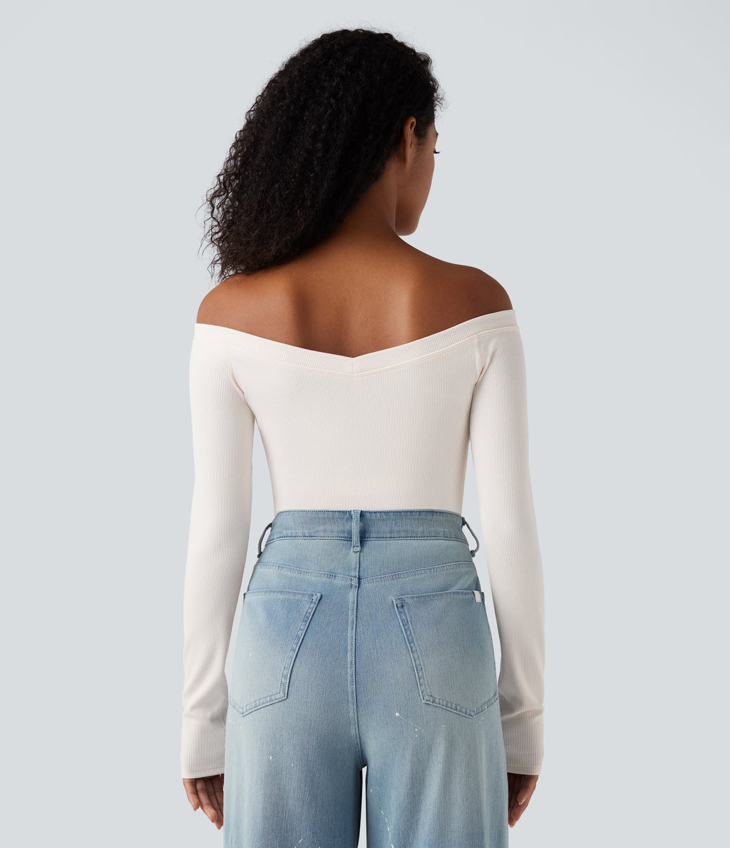 Ribbed Knit Off Shoulder Push-Up Long Sleeve Casual Top A/B Cup — Jet Stream — view 3