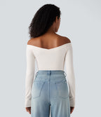 Ribbed Knit Off Shoulder Push-Up Long Sleeve Casual Top A/B Cup — Jet Stream — view 3