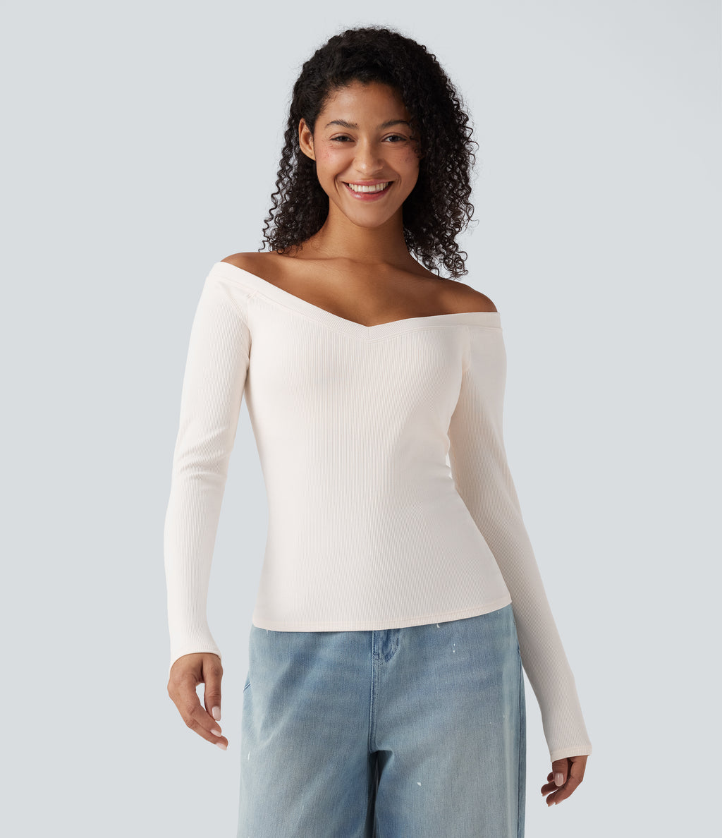Ribbed Knit Off Shoulder Push-Up Long Sleeve Casual Top A/B Cup — Jet Stream — view 7