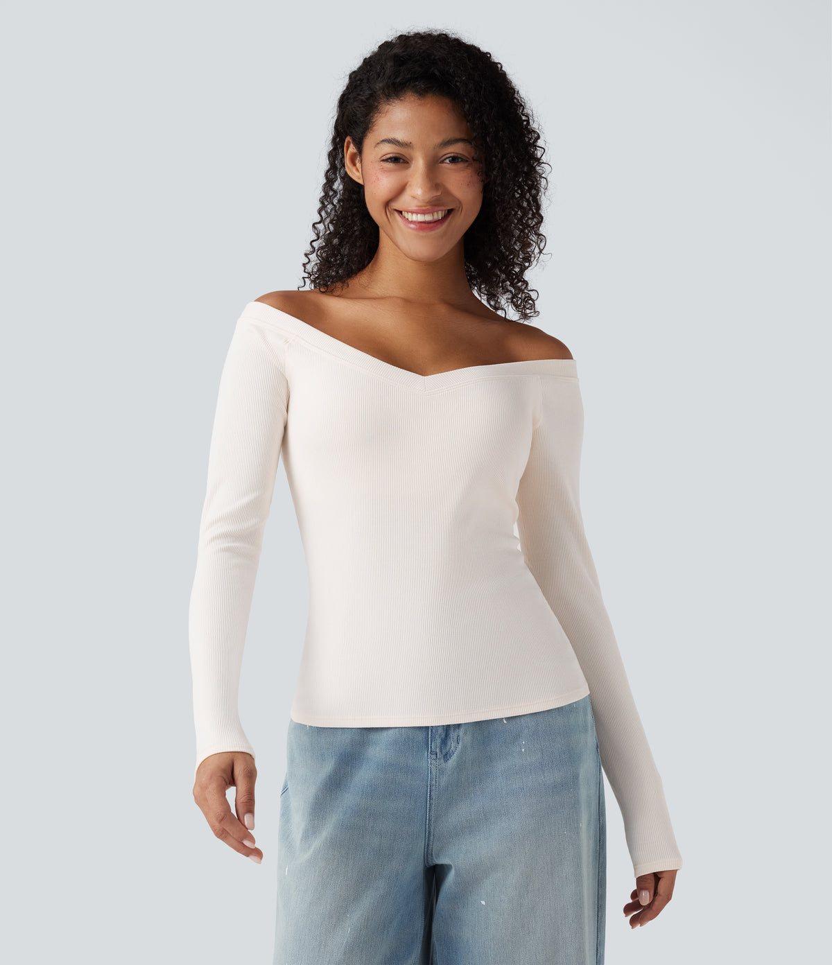 Ribbed Knit Off Shoulder Push-Up Long Sleeve Casual Top A/B Cup — Jet Stream — view 7