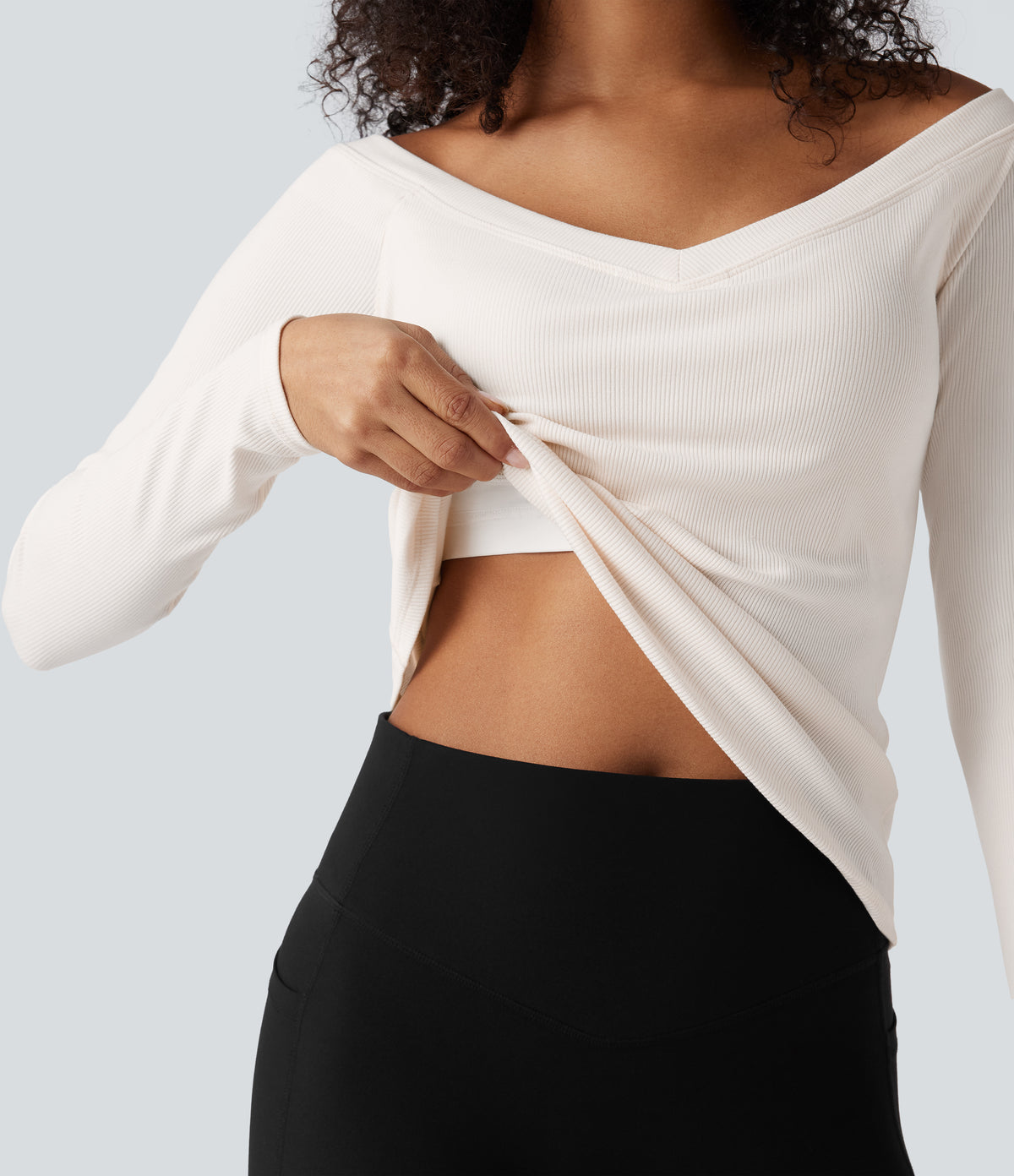 Ribbed Knit Off Shoulder Push-Up Long Sleeve Casual Top A/B Cup — Jet Stream — view 5