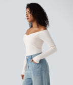 Ribbed Knit Off Shoulder Push-Up Long Sleeve Casual Top A/B Cup — Jet Stream — view 4
