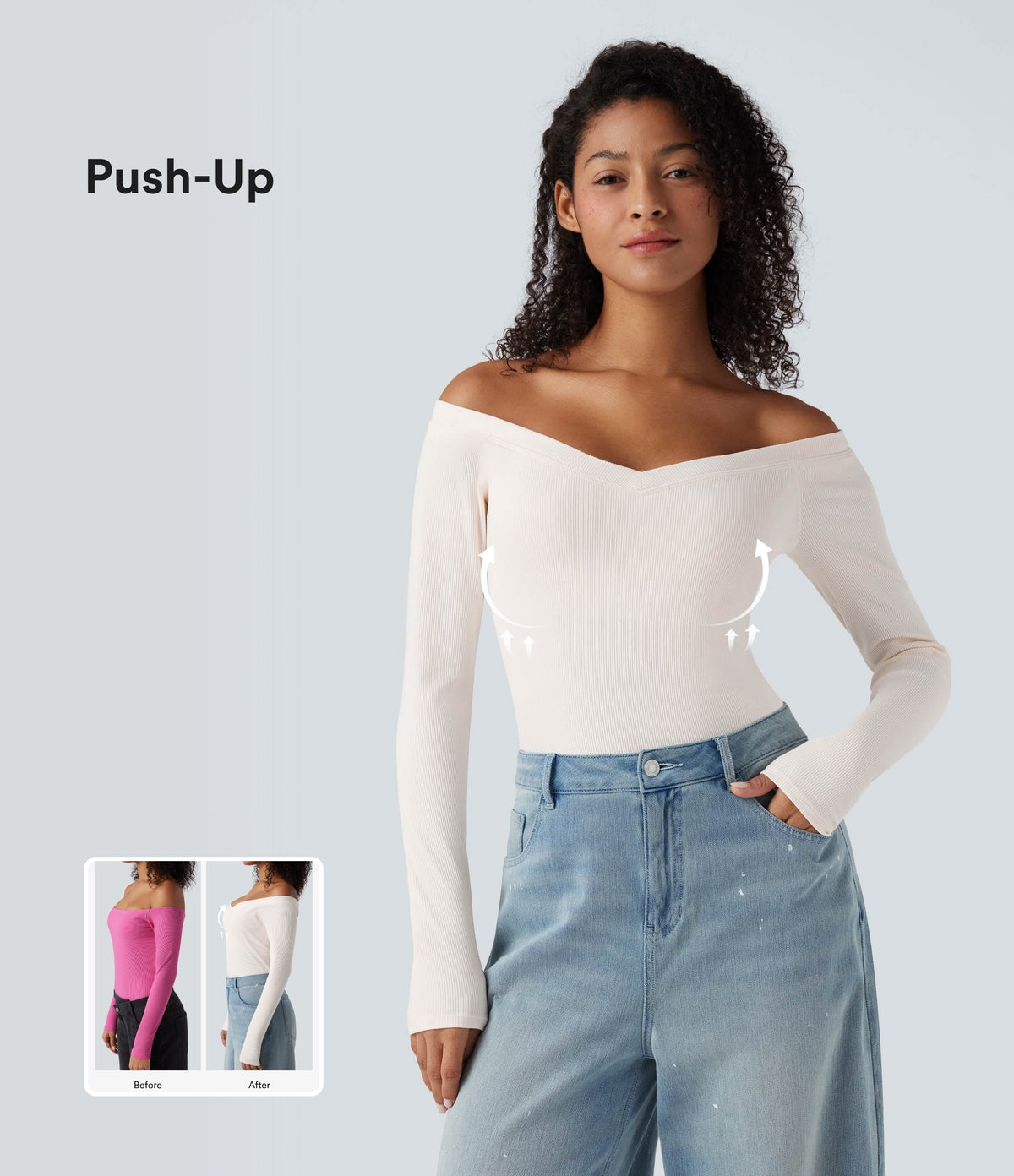 Ribbed Knit Off Shoulder Push-Up Long Sleeve Casual Top A/B Cup — Jet Stream — view 1