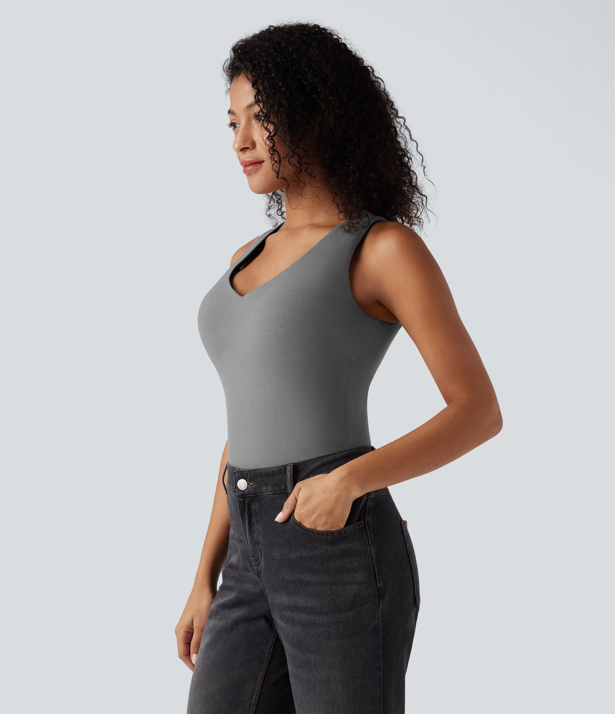 HeatCore V Neck Push-Up Casual Warming Tank Top DD-F Cups — Steel Gray — view 3