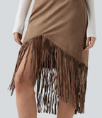 High Waisted Fringe Hem Suede Midi Party Skirt — Coca Mocha — view 4
