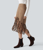 High Waisted Fringe Hem Suede Midi Party Skirt — Coca Mocha — view 3