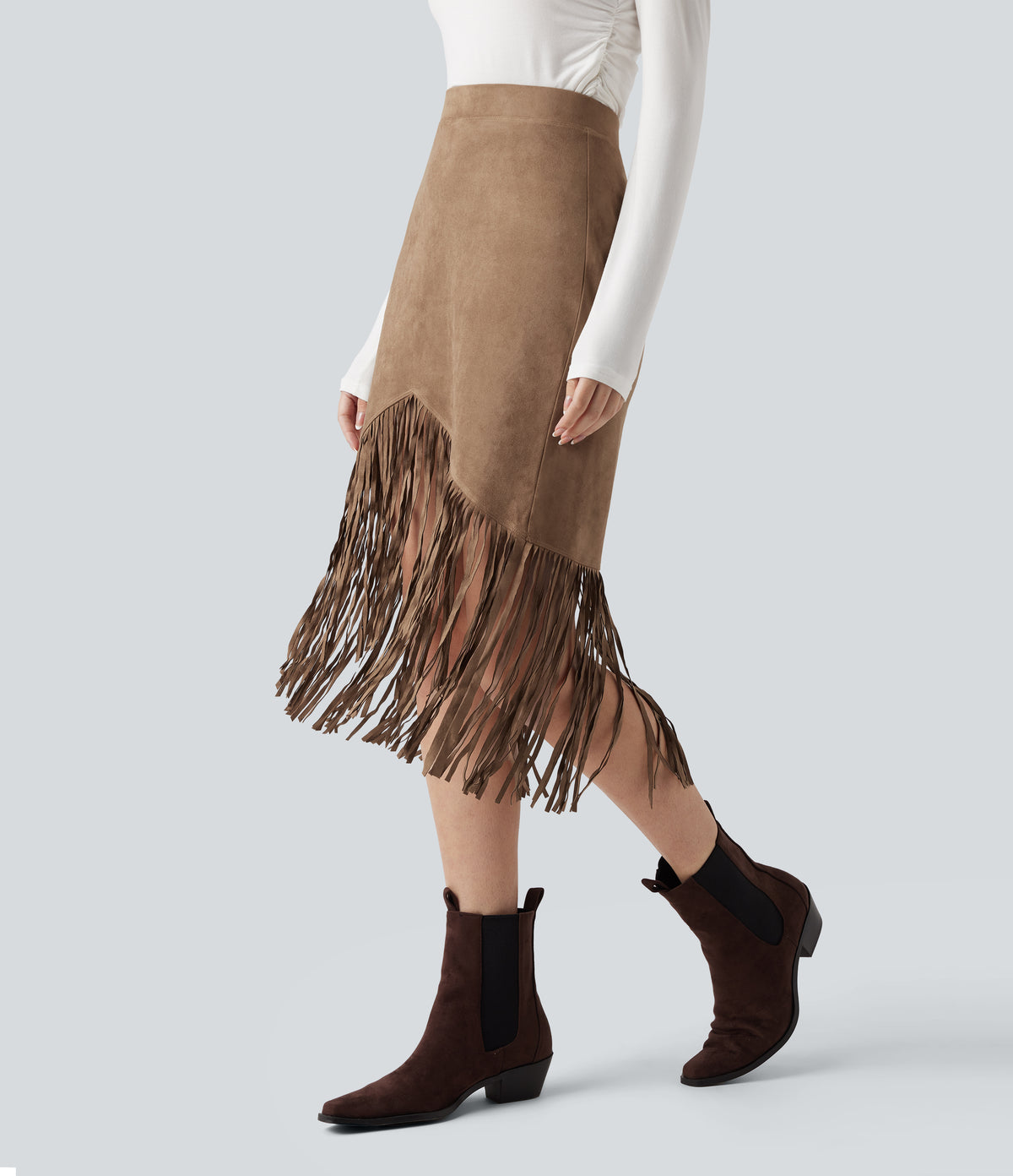 High Waisted Fringe Hem Suede Midi Party Skirt — Coca Mocha — view 3