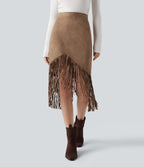 High Waisted Fringe Hem Suede Midi Party Skirt — Coca Mocha — view 1