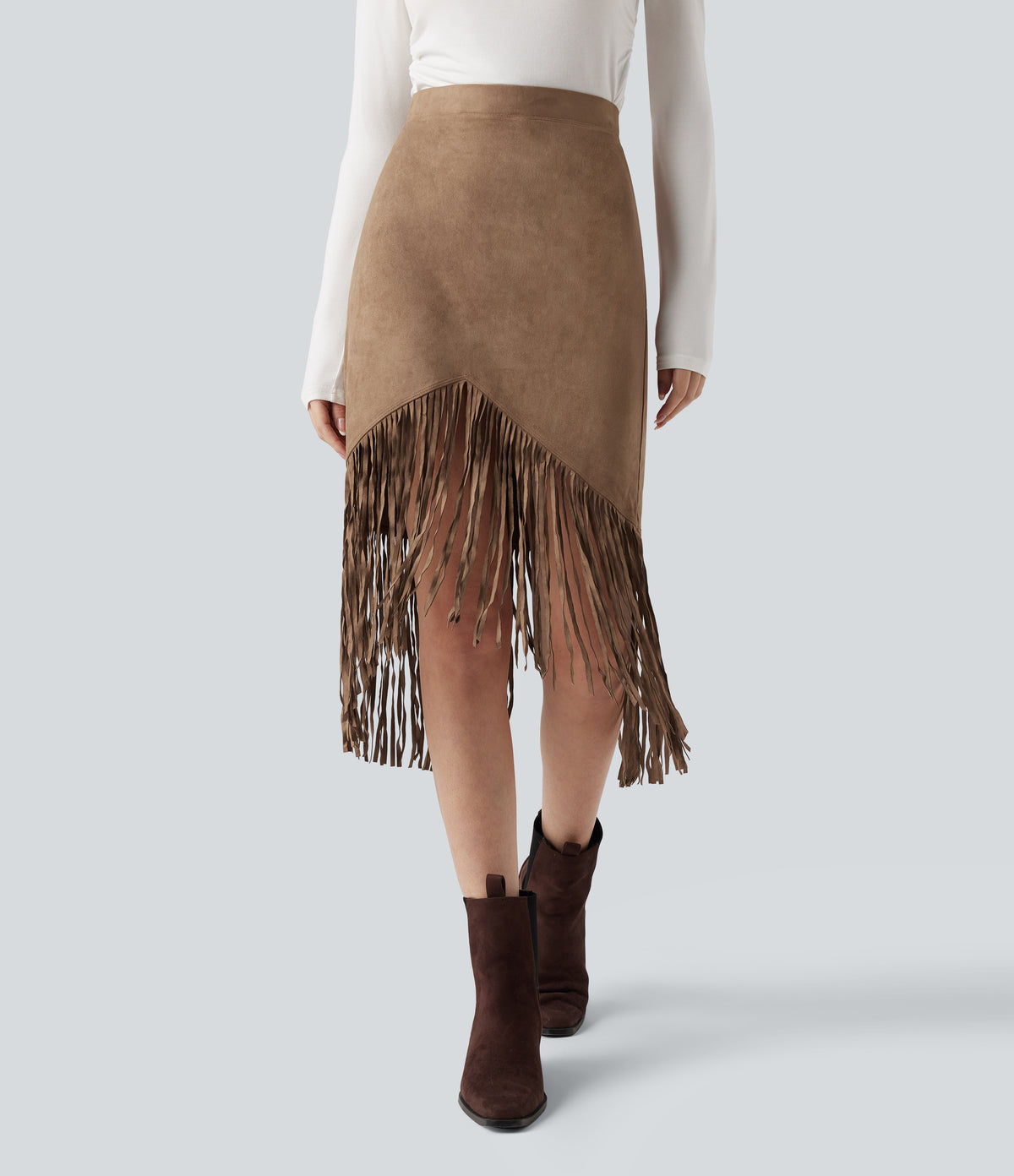 High Waisted Fringe Hem Suede Midi Party Skirt — Coca Mocha — view 1