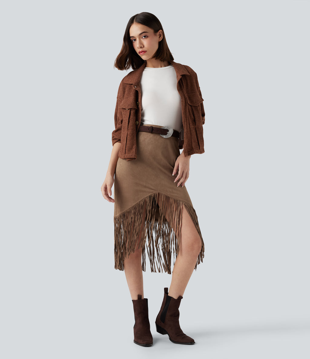 High Waisted Fringe Hem Suede Midi Party Skirt — Coca Mocha — view 5