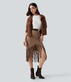 High Waisted Fringe Hem Suede Midi Party Skirt — Coca Mocha — view 5