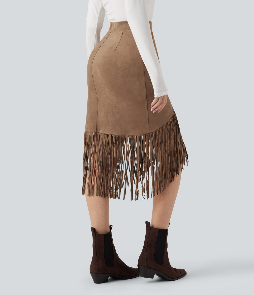 High Waisted Fringe Hem Suede Midi Party Skirt — Coca Mocha — view 2