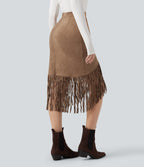 High Waisted Fringe Hem Suede Midi Party Skirt — Coca Mocha — view 2