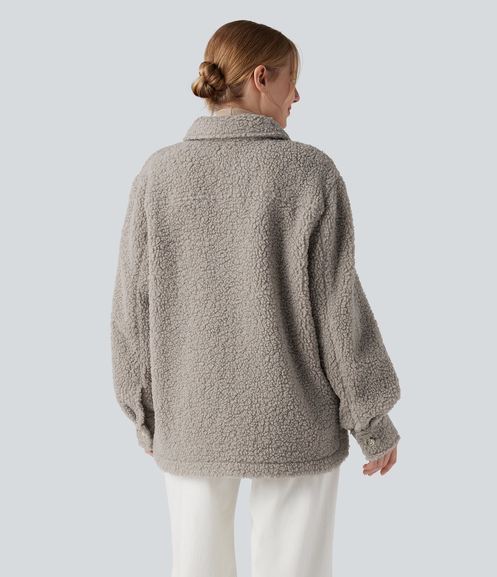 Long Sleeve Casual Sherpa Jacket with Pockets — Silver Cloud — view 2