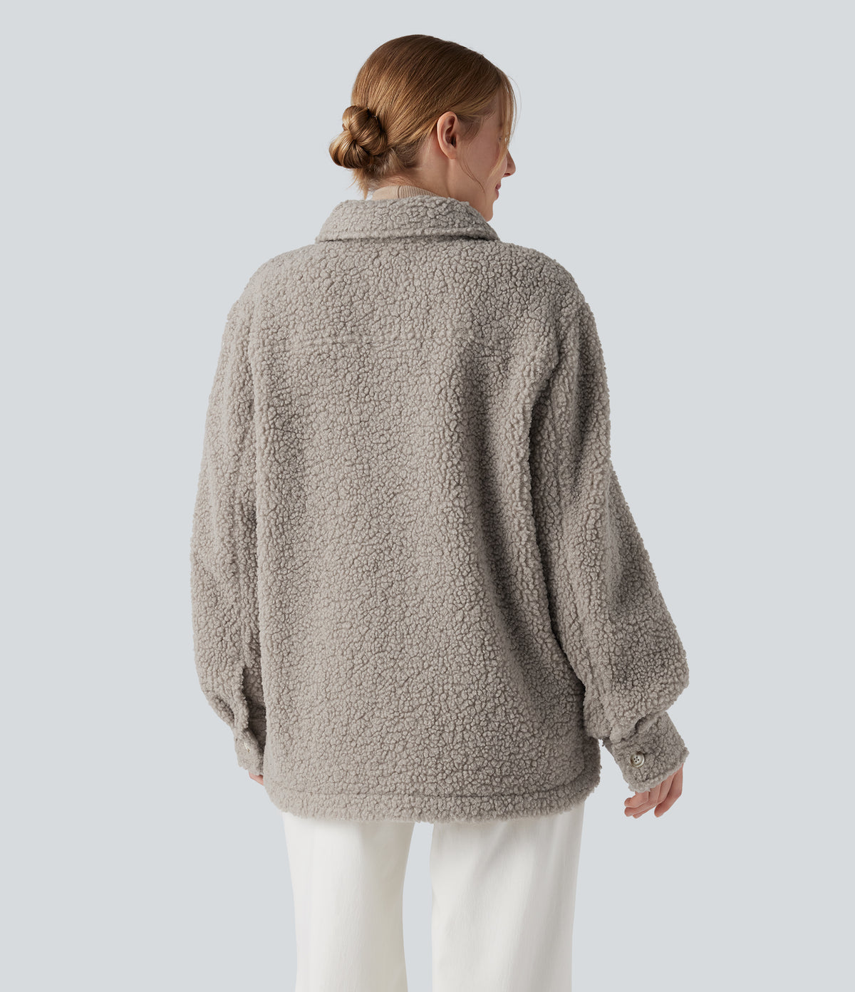Long Sleeve Casual Sherpa Jacket with Pockets — Silver Cloud — view 2