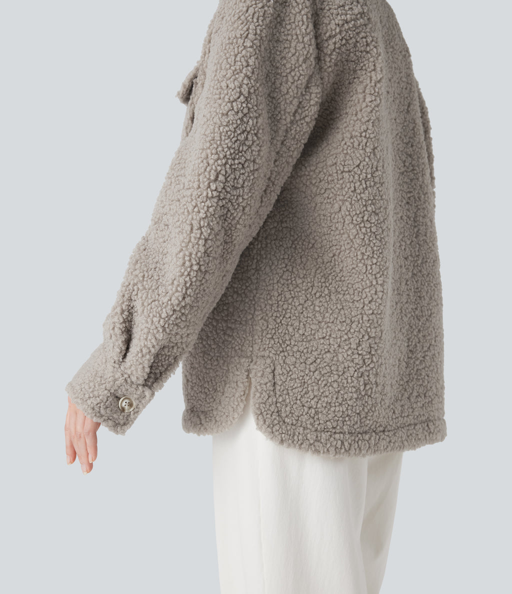 Long Sleeve Casual Sherpa Jacket with Pockets — Silver Cloud — view 7