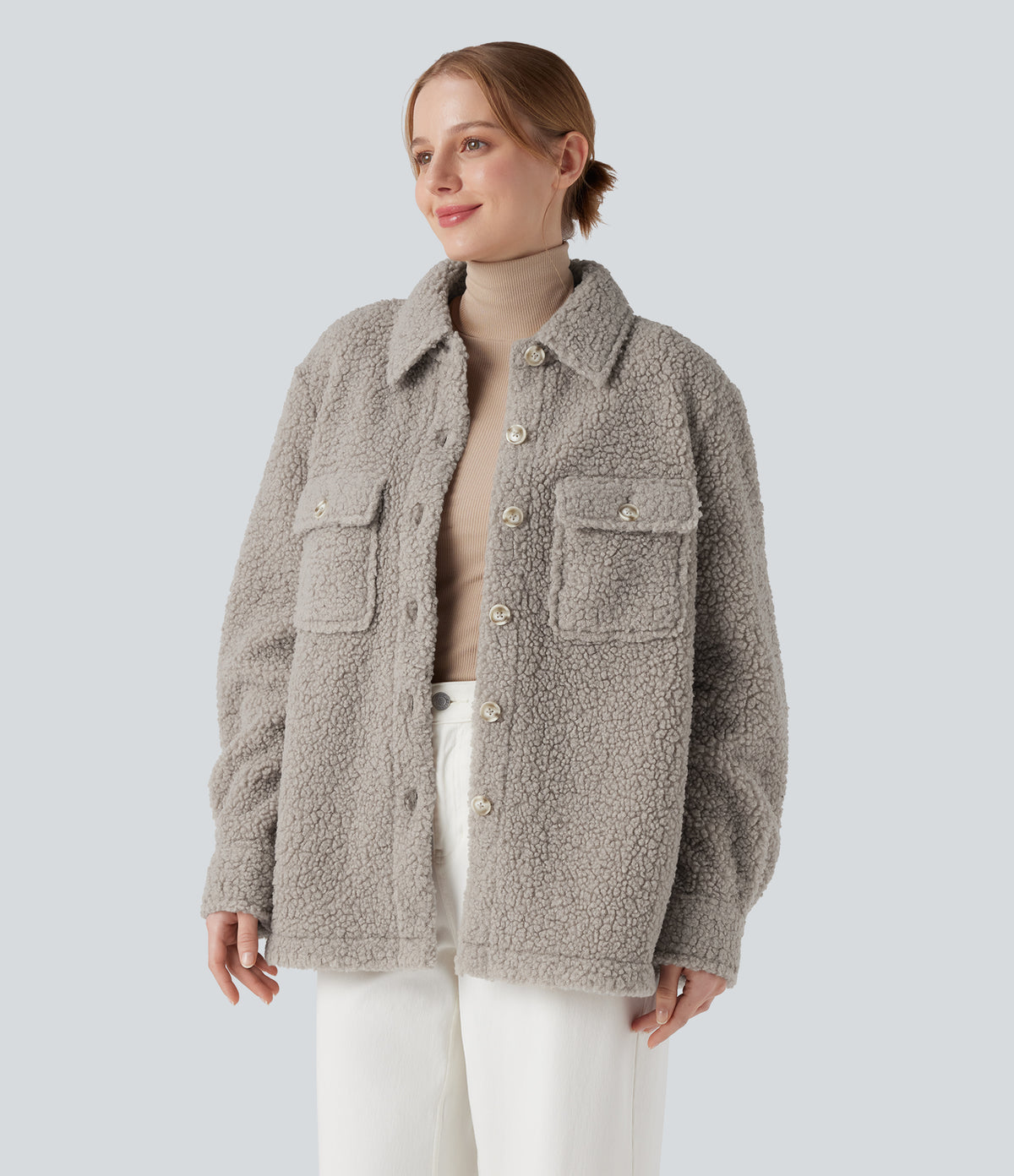 Long Sleeve Casual Sherpa Jacket with Pockets — Silver Cloud — view 3